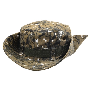 Close-up of tactical digital camouflage bucket hat with mesh vents and tactical webbing