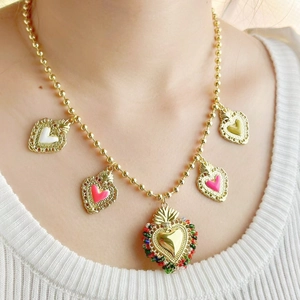 Collana Pendente Cuore Bohémien Rame Perline Colorate Catena Sfere Gioielli Etnici Vintage Donna