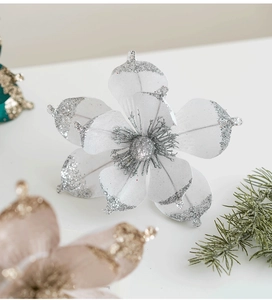 Close-up of a 20cm white magnolia flower with silver glitter for Christmas tree decor