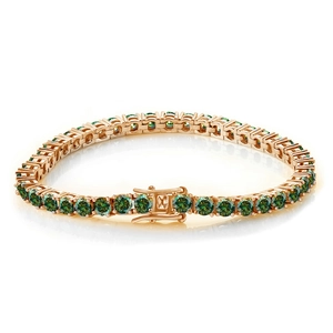 Rose gold tennis bracelet featuring round-cut green gemstones with mirror reflection