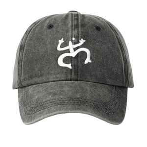 Vintage dark grey washed cotton baseball cap with white Taino Coqui frog embroidery
