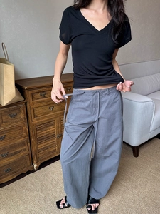 American retro curved wide-leg cargo pants with drawstring waist in dark grey