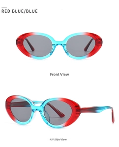 Detail view of red and blue gradient oval sunglasses from front and 45-degree angles