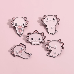 Set of five cute pink axolotl enamel pins featuring various cartoon poses and shapes