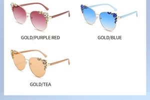 Detailed comparison of gold rhinestone cat eye sunglasses in purple, blue, and tea gradient