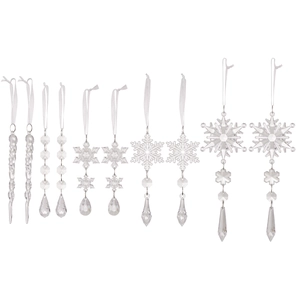 10pcs set of clear acrylic Christmas icicles and snowflake ornaments with white ribbons