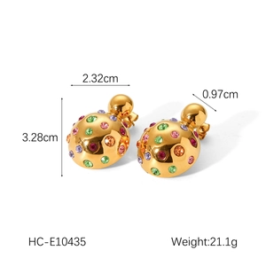 Detailed view of gold dome earrings with multi-colored crystals and product dimensions