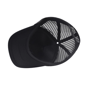 Close-up of black mesh trucker hat interior with adjustable strap and stitching