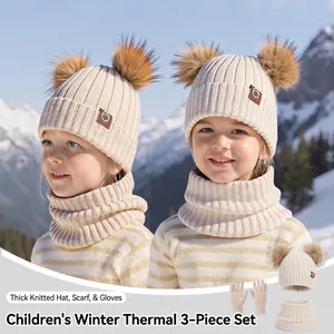 Children Winter Knit Hat Scarf Gloves Set Acrylic Double Pom Pom Warm Fleece Lined Outdoor Beanie For Boys Girls