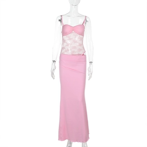 Detailed macro of pink lace patchwork on high waist fishtail dress and camisole