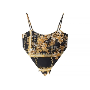 Baroque print crop top with chain patterns and gold floral motifs on black satin fabric