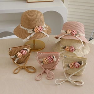 Kids straw hat and bag set with lace ribbons and floral decor in three colors