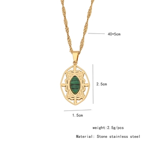 Detail view of oval green stone pendant and stainless steel chain with measurements