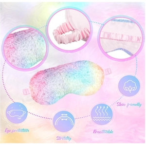 Plush rainbow tie-dye eye mask with stretchy strap for eye protection and skin-friendly comfort