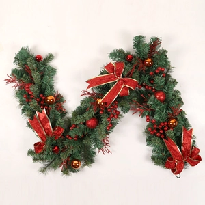 Christmas Garland With Red Bows Berries Ornaments PVC Artificial Greenery Pine Needle Vine For Home Decor