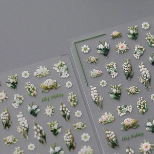 3D embossed Lily of the Valley nail art stickers with elegant floral designs