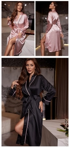 Detail view of long ice silk bathrobe with contrasting trim and waist tie for women