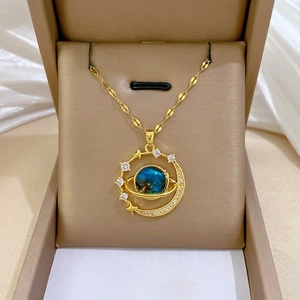 Planet Pendant Necklace Stainless Steel Gold Plated Copper Blue Moon Star Zircon Celestial Space Jewelry For Women