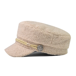 Women's beige sherpa newsboy cap with gold braided rope and vintage metal button detail