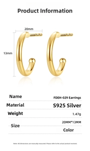 Detailed size specifications for S925 sterling silver C-shaped high polish hoop earrings