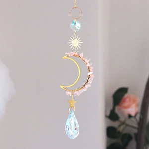 Pink crystal moon and sun suncatcher chime with hanging faceted glass teardrop pendant