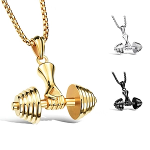 Titanium steel barbell pendant necklace shown in gold, silver and black finishes