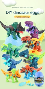 Macro view of colorful DIY dinosaur egg toys with assembly tools and screws for kids