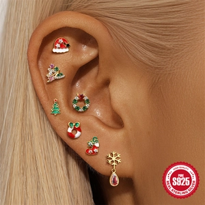Set of 8 S925 sterling silver Christmas stud earrings with gold plating and crystals