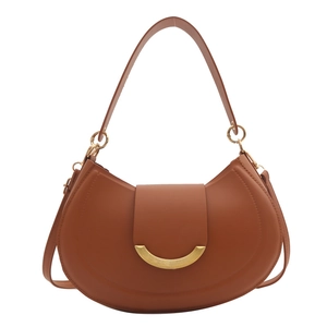 Retro brown crescent saddle bag with gold hardware and adjustable shoulder straps