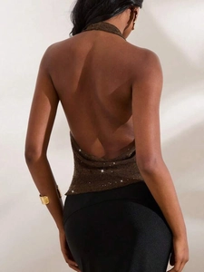 Sparkly dark brown halter neck backless top for women with deep V-neck and glitter finish