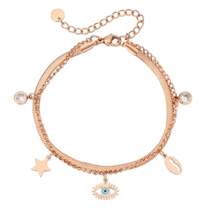 Double-layered rose gold titanium steel bracelet with evil eye and star charms