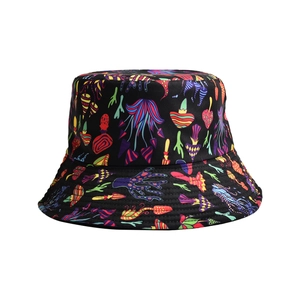Unisex bucket hat with vibrant psychedelic mushroom print on black durable cotton twill