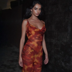 Gros plan sur la robe en satin à imprimé léopard rouge avec détails dos nu