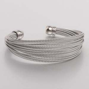 Minimalist silver multilayer twisted wire cuff bracelet with polished bead ends