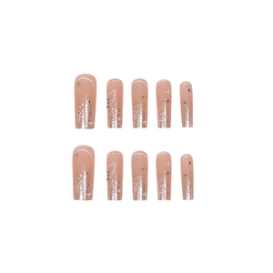 Long square press-on nails in pink gradient with silver glitter and butterfly rhinestones