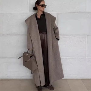 Women Long Woolen Coat Belted Lapel Solid Color Elegant Fall Winter Outerwear Overcoat