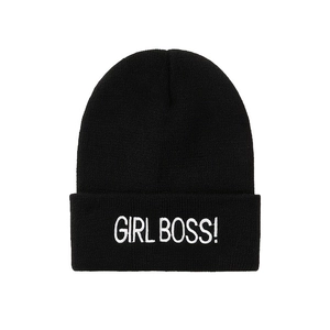 Classic black knit beanie with white Girl Boss embroidery in a minimalist winter style