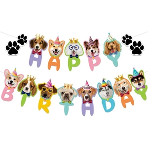 Dog themed Happy Birthday banner with various cartoon dog faces for pet party decorations
