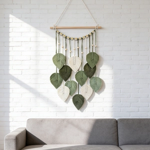Handwoven leaf wall hanging boho tapestry with green cotton fringe and wooden rod