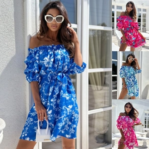 Damen Off-Shoulder Minikleid Mit Blumendruck Polyester Laternenärmel Gürtel Sommer Strand Urlaub Elegant Boho