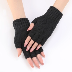 Women's black knit arm warmer with diamond cutout pattern and ribbed windproof cuffs