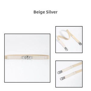 Detail view of beige elastic waist belt with silver chain buckle and leather stitching