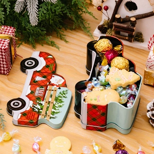 Christmas car candy tin box featuring red plaid and Santa Claus illustrations for gifts