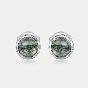 Natural Green Moss Agate 925 Sterling Silver Stud Earrings Minimalist Round Geometric Stone Earrings For Women Jewelry
