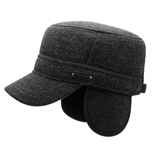 Winter flat top cadet hat for men in charcoal grey with fold-down ear flaps for warmth