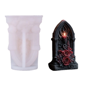 Gothic tombstone candle silicone mold featuring realistic 3D rose and skull patterns