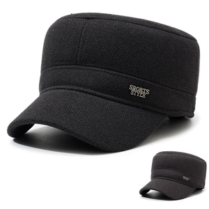 Men Cadet Cap Woolen Blend Flat Top Hat Ear Protection Fleece Lined Warm Winter Military Hat Sports Style Adjustable