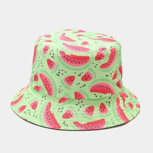 Unisex light green bucket hat with all-over watermelon print for summer sun protection