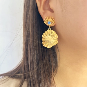 18K gold plated evil eye earrings with textured round pendants and fringe style design