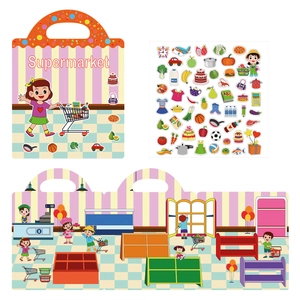 Detail view of foldable supermarket sticker book with various reusable grocery stickers